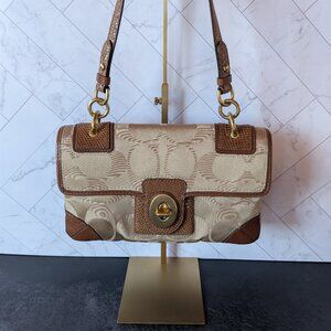 Coach Signature Jacquard Flap Shoulder Bag Tan Brown Leather Trim 14504